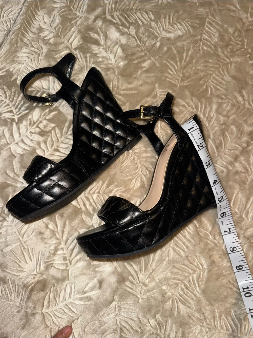 GUESS Black Quilted Platform Wedge Sandals with Ankle Strap